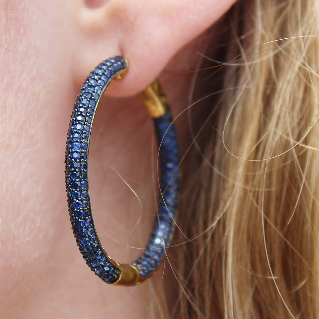 Classic Blue Sapphire Pave Hoop Earrings