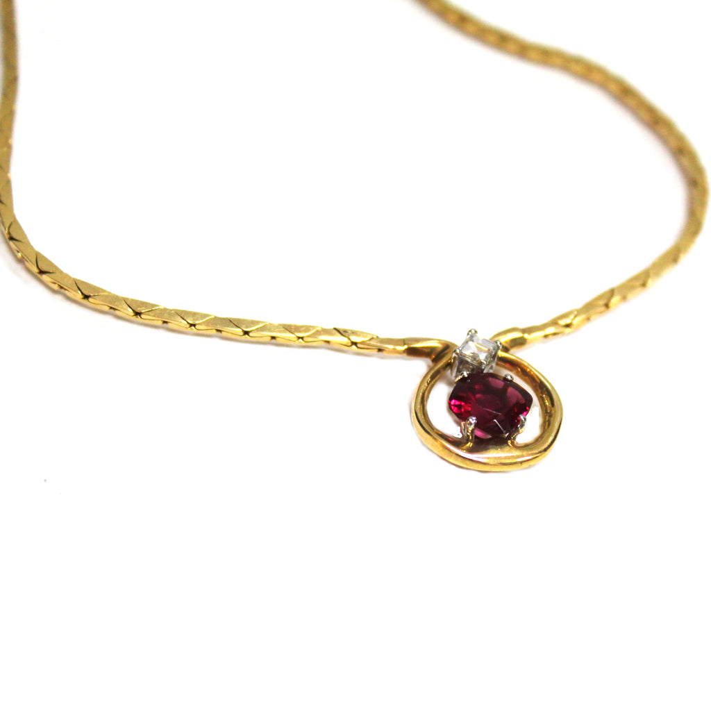 Unique 14k Yellow Gold Rubellite & Diamond Necklace