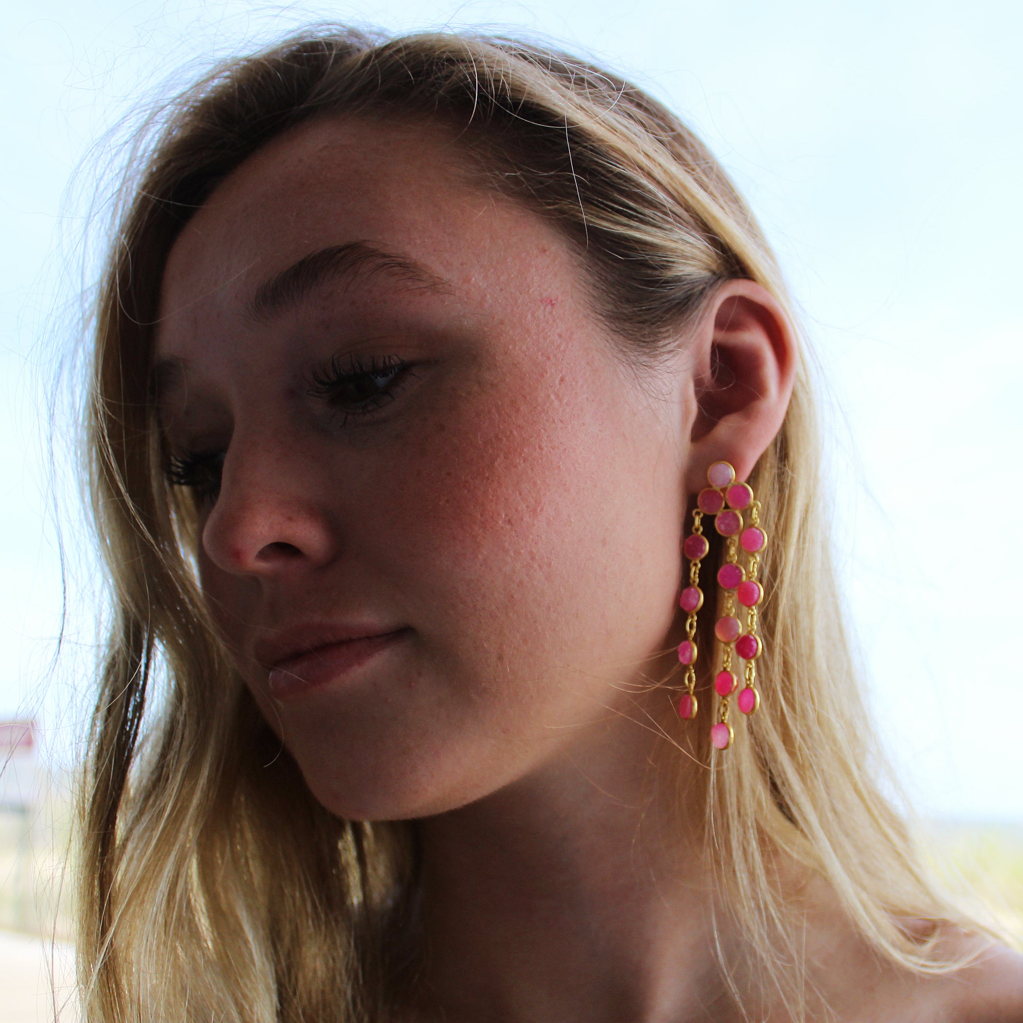 Natural Pink Quartz Druzy Chandelier Earrings