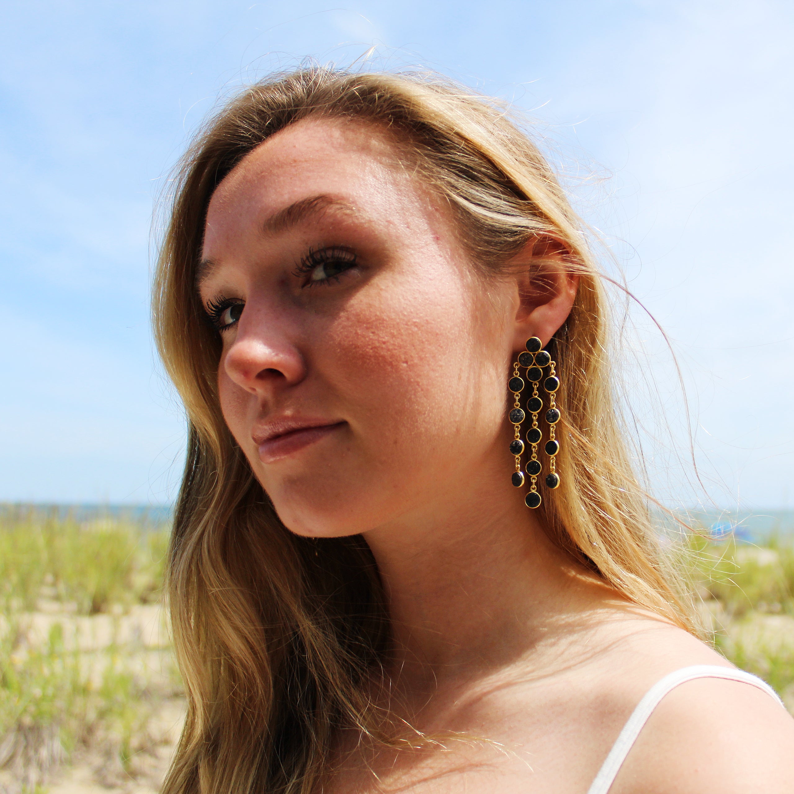 Natural Black Onyx Druzy Chandelier Earrings