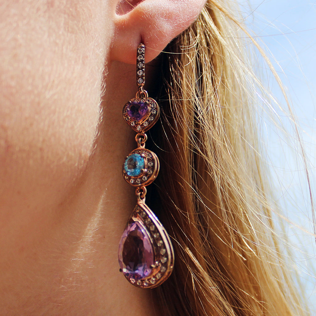 Elegant Amethyst, Blue Topaz & White Topaz Earrings