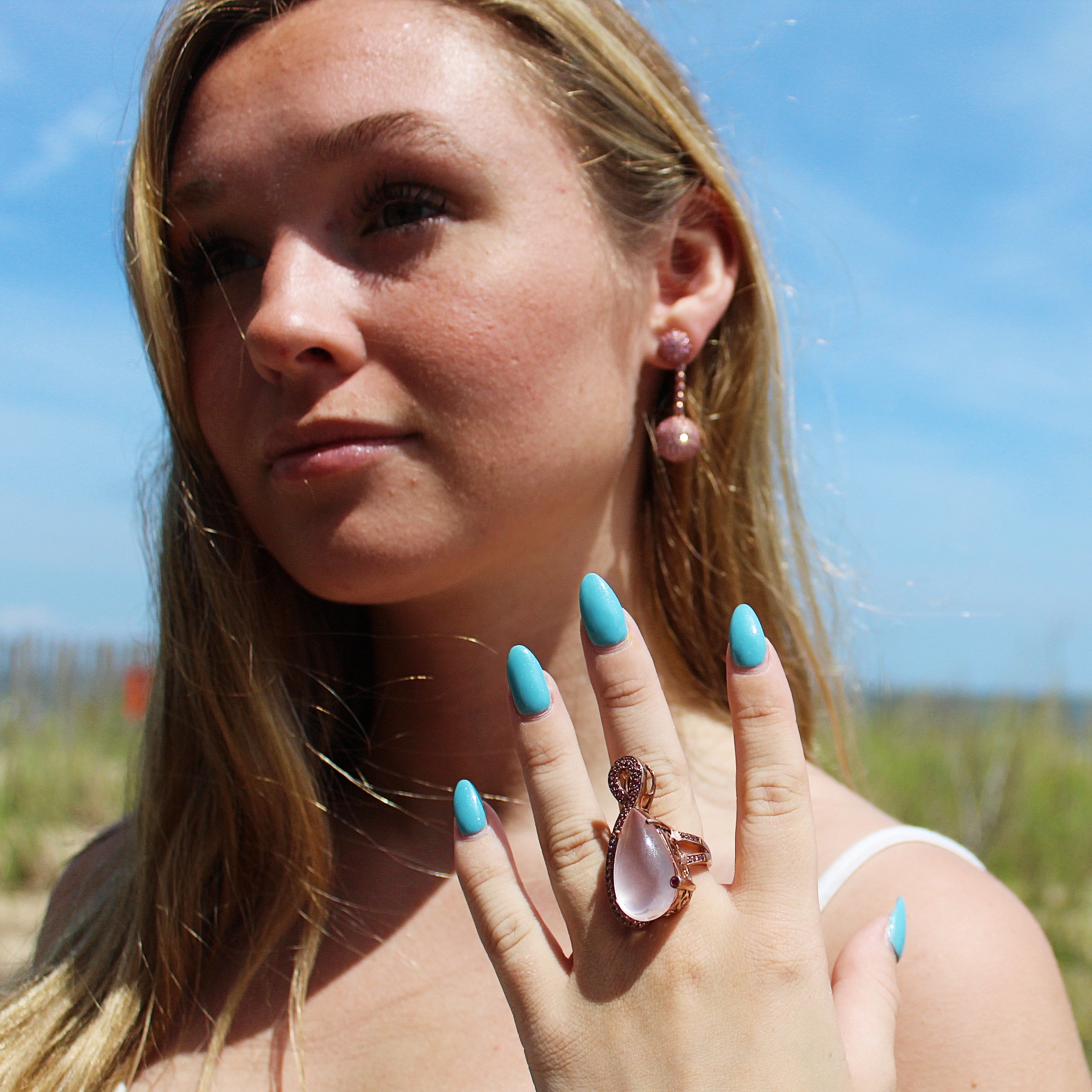 Unique Pink Sapphire Half Sphere Shaped & Hanging Ball Drop Earrings