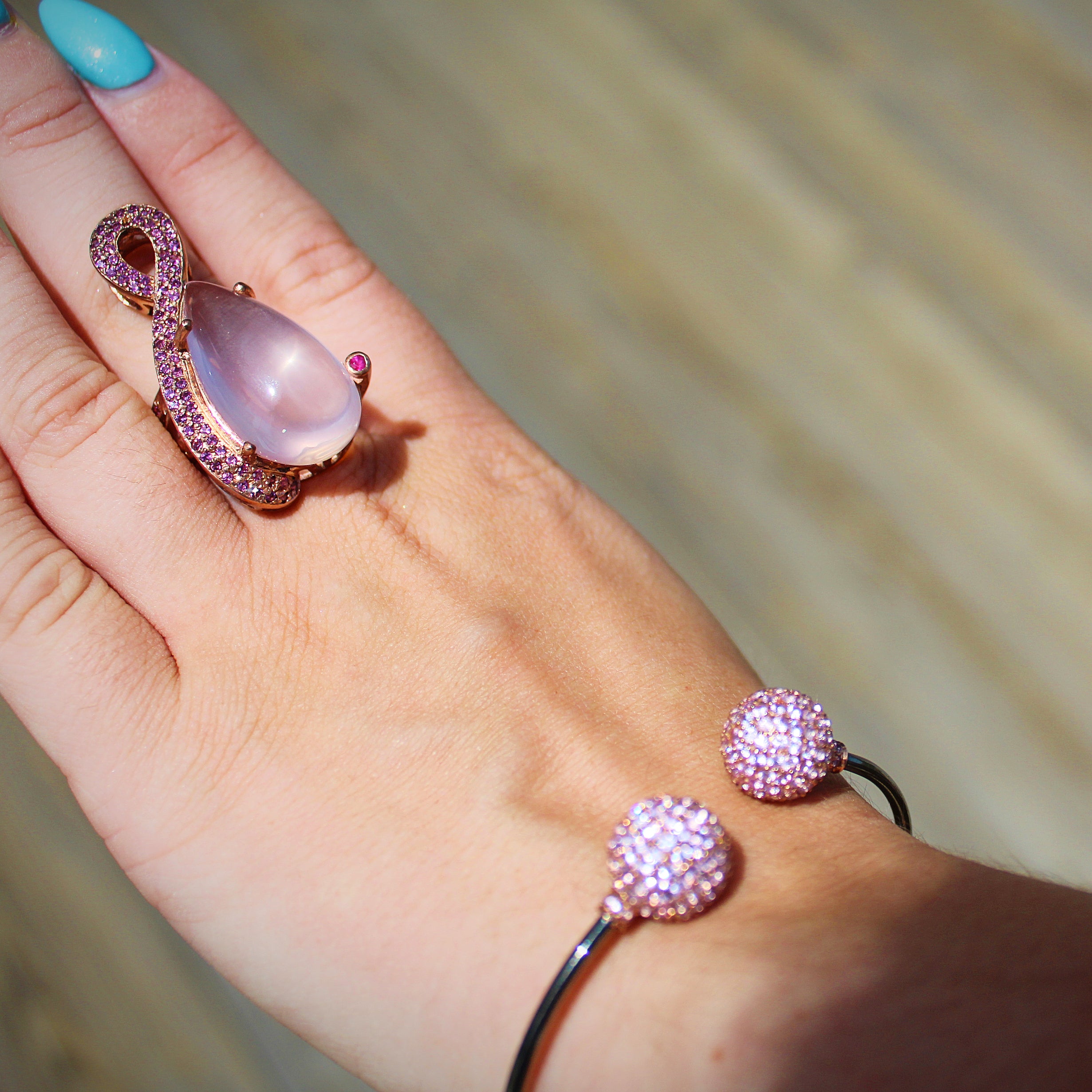 Pink Sapphire Pave Ball Open Cuff Bracelet