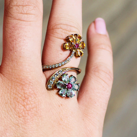 Whimsical Golden Sapphire, Green Sapphire & Ruby Flower Ring