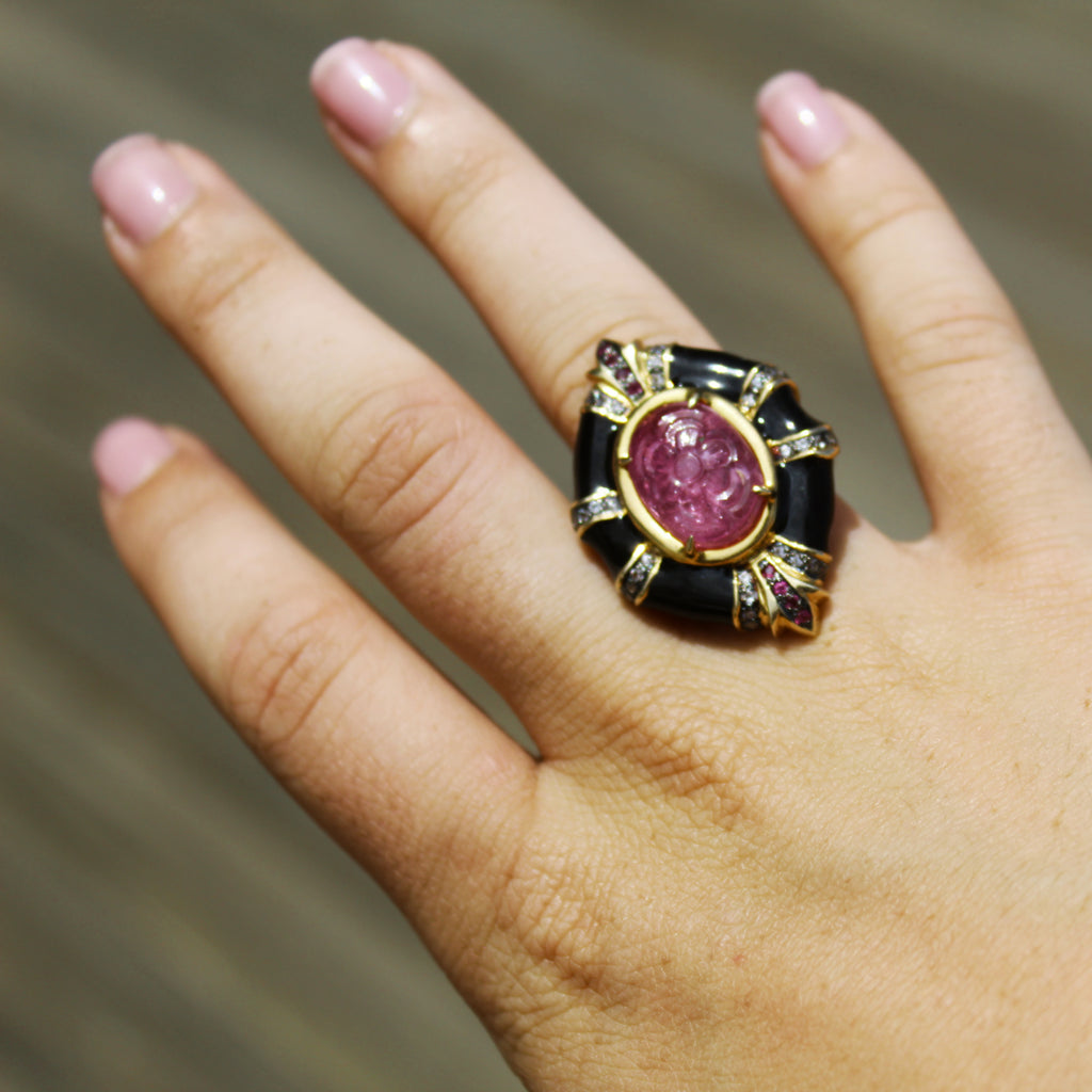 David Webb Inspired Carved Ruby Onyx & White Topaz Ring