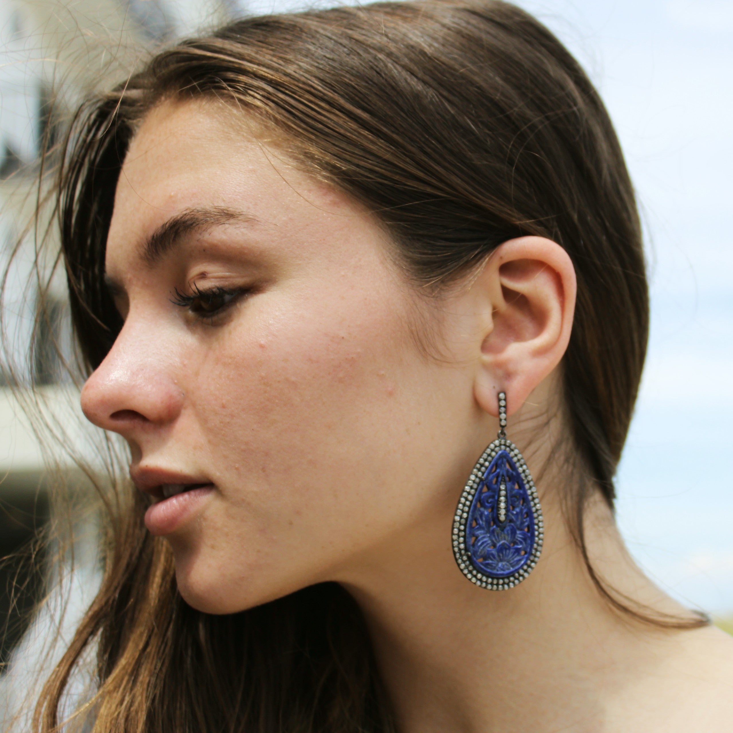 Victorian Inspired Carved Lapis Lazuli  & Diamond Earrings