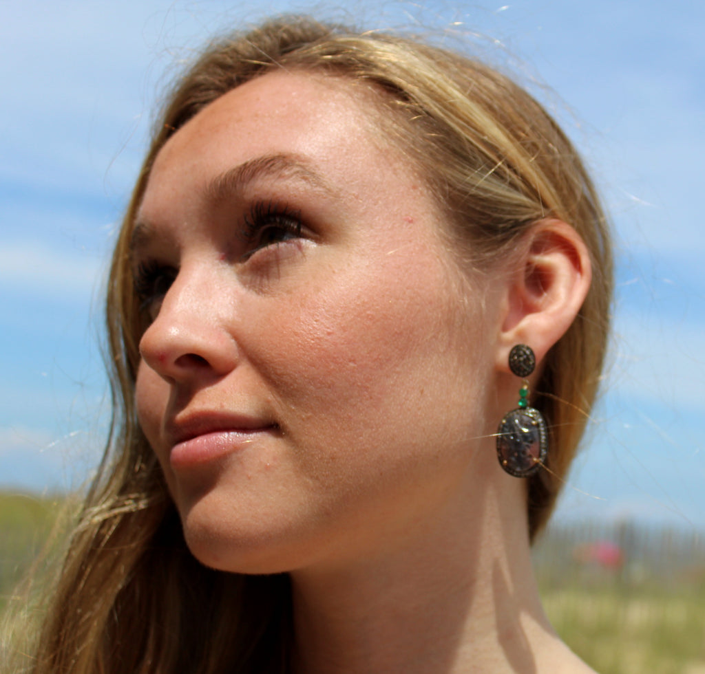Carved Orange Sapphire, Emerald & Diamond Earrings