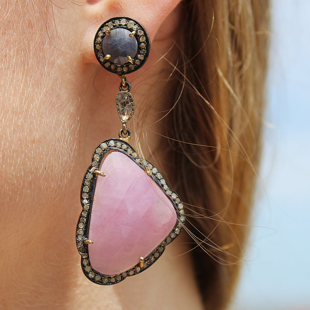 Victorian Inspired Pink & Blue Sapphire Diamond Earrings