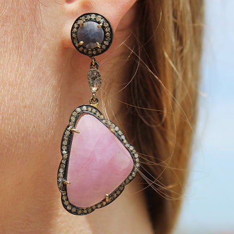 Victorian Inspired Pink & Blue Sapphire Diamond Earrings