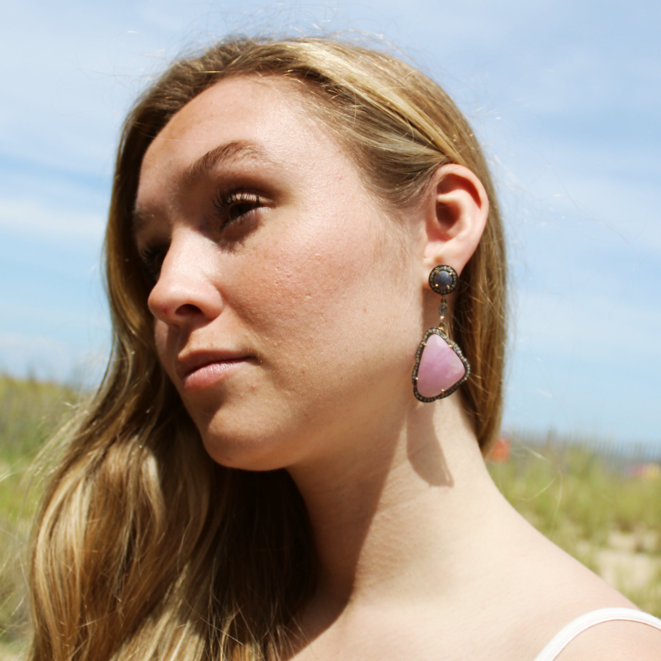 Victorian Inspired Pink & Blue Sapphire Diamond Earrings