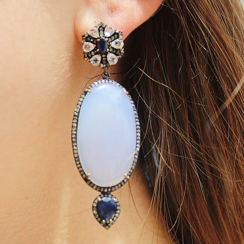 Stunning Victorian Inspired Chalcedony, Sapphire, White Topaz & Diamond Earrings