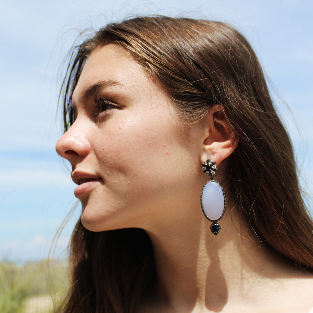 Stunning Victorian Inspired Chalcedony, Sapphire, White Topaz & Diamond Earrings