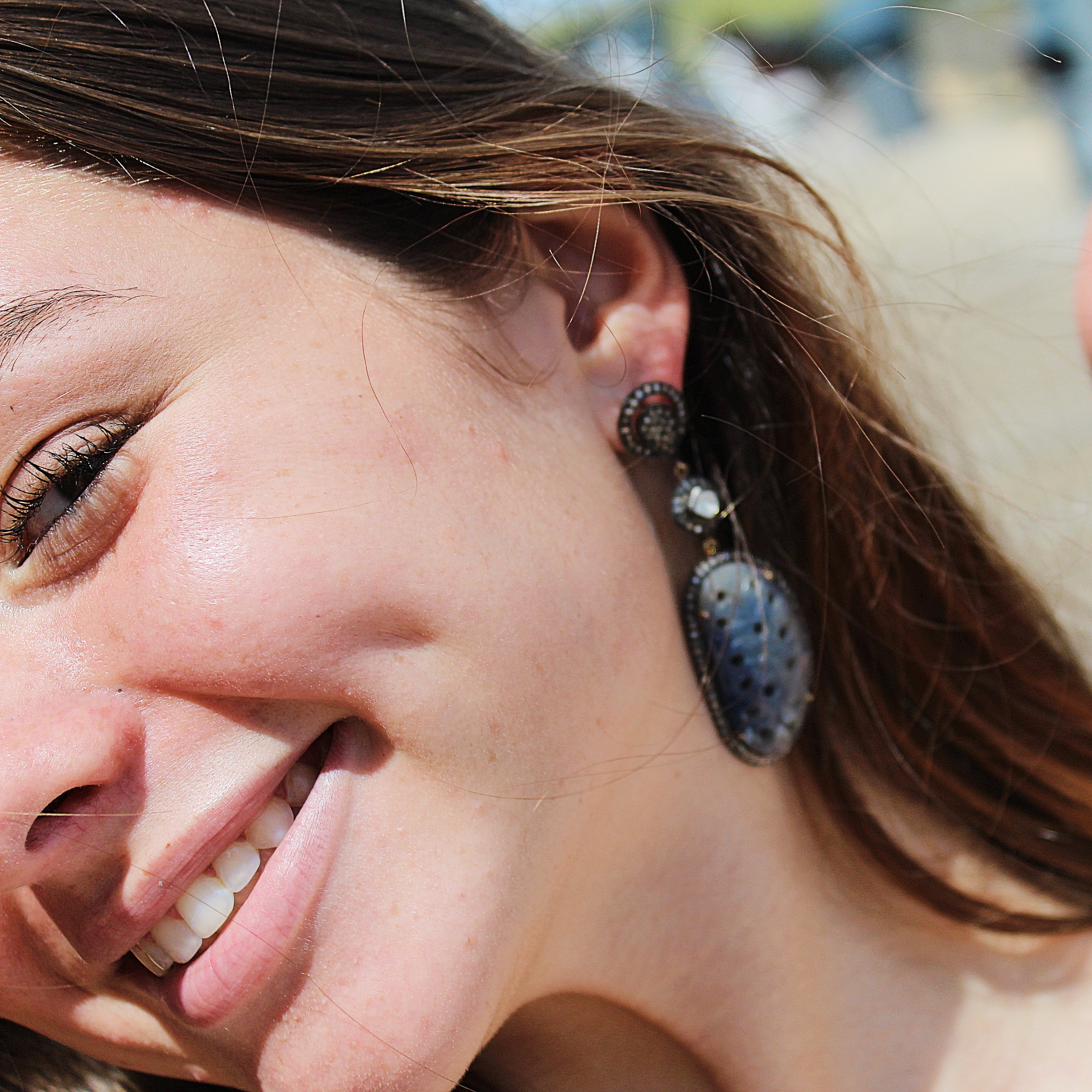 Victorian Style Inspired Carved Sapphire & Diamond Earring