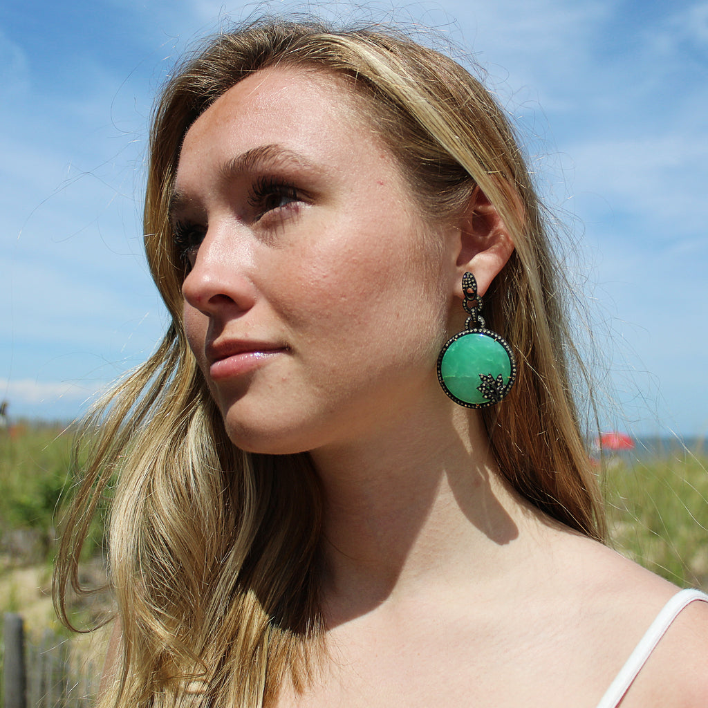 Lovely Art Deco Inspired Natural Green Onyx & Diamond Earrings