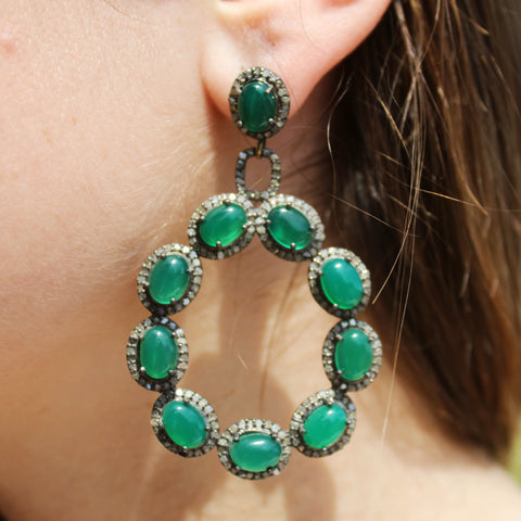 Mid-Century Modern Green Onyx & Diamond Earrings