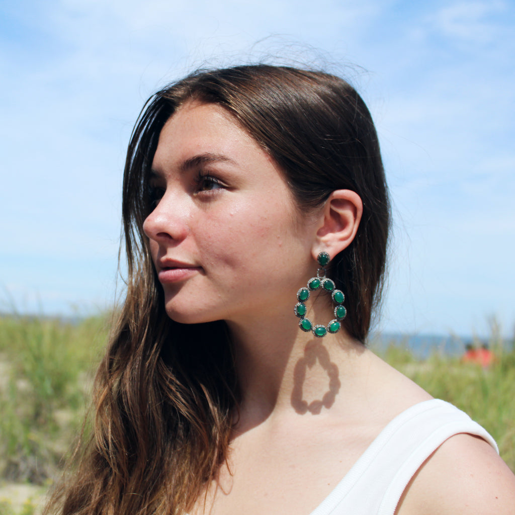 Mid-Century Modern Green Onyx & Diamond Earrings