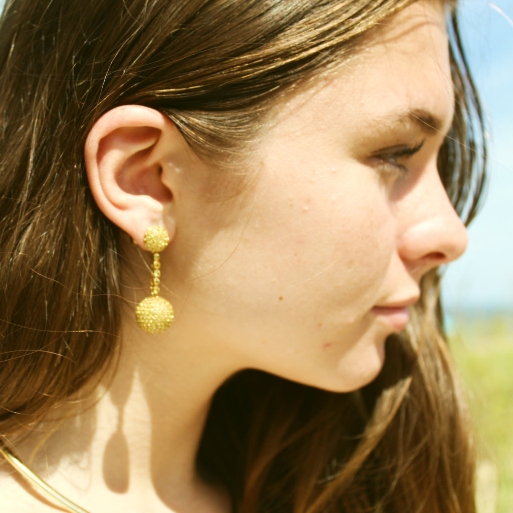 Lovely Golden Sapphire & Citrine Pave Ball Drop Earrings