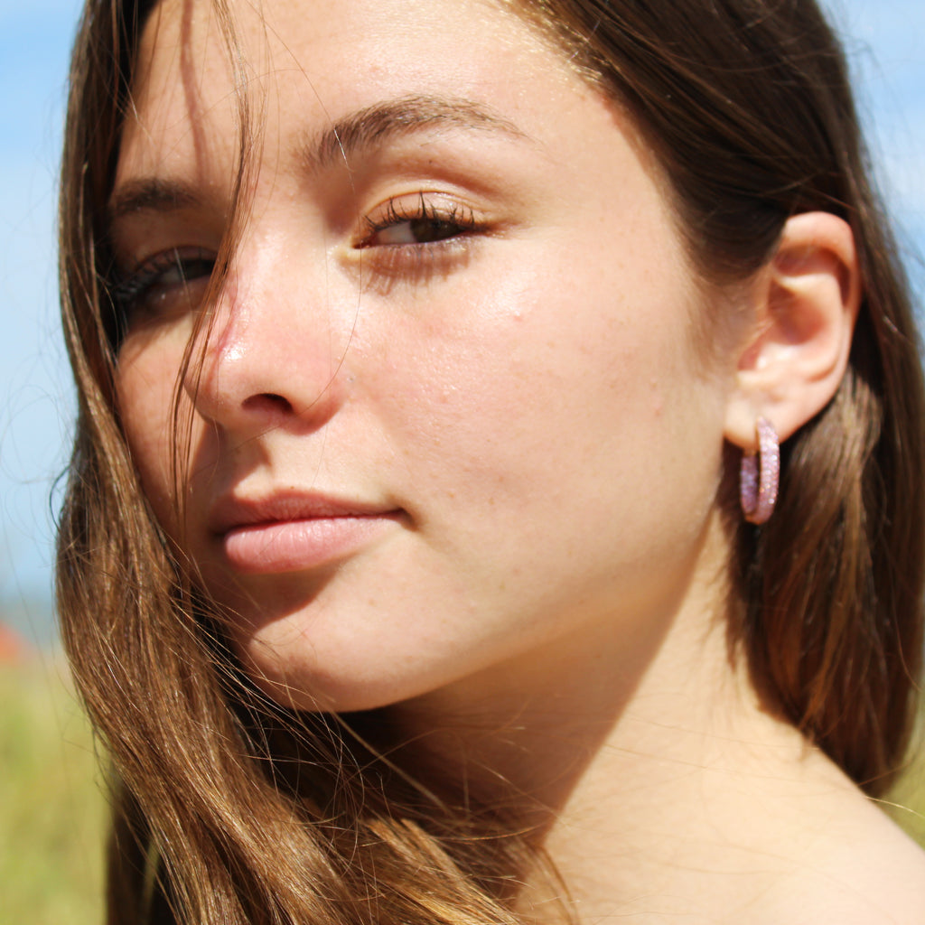 Small Pave Pink Sapphire "Huggie" Style Hoop Earrings
