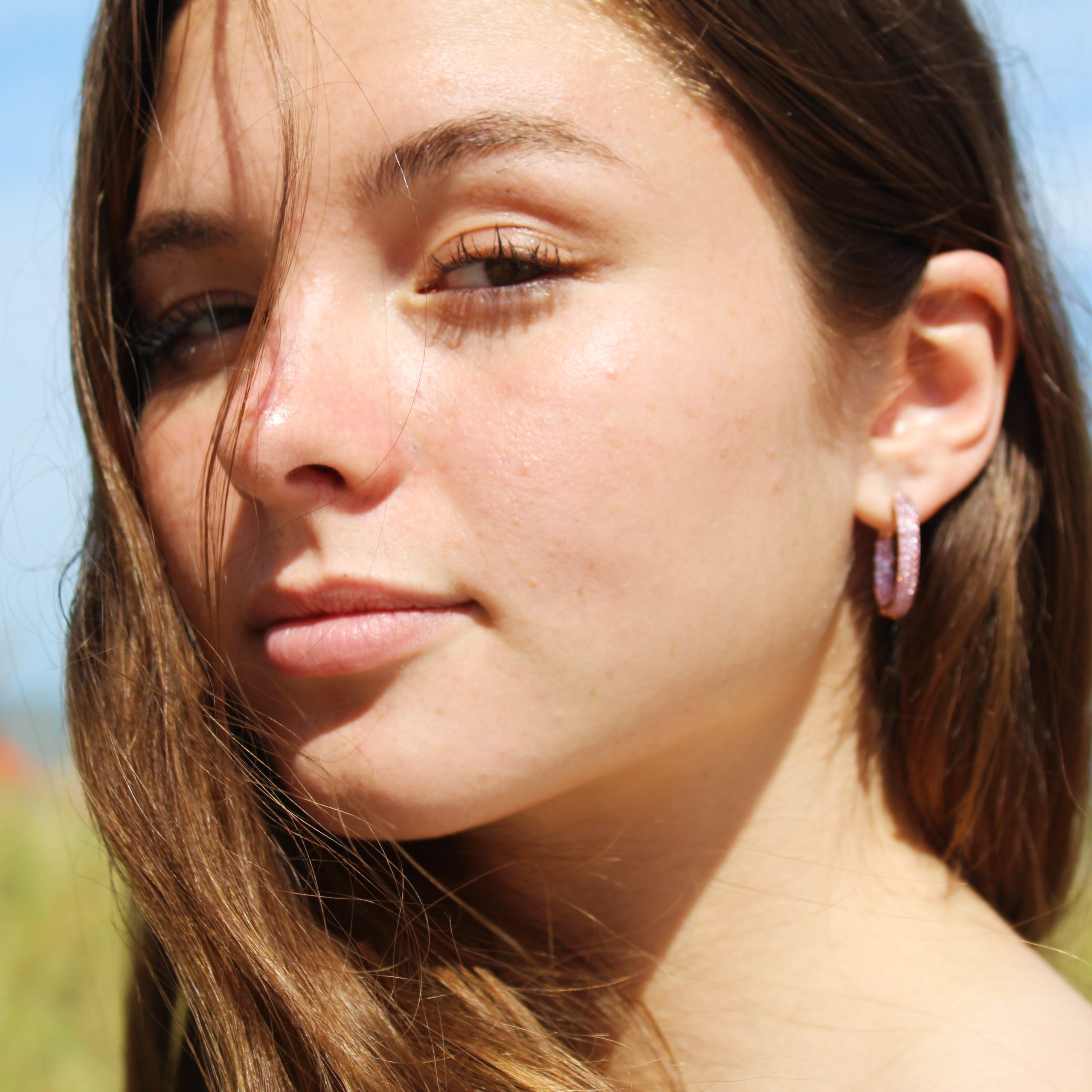 Small Pave Pink Sapphire "Huggie" Style Hoop Earrings