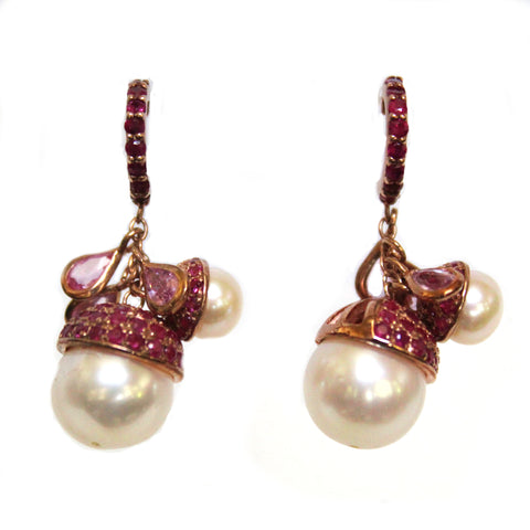 Lovely Pave Set Ruby & Pearl & Pink Sapphire Earrings