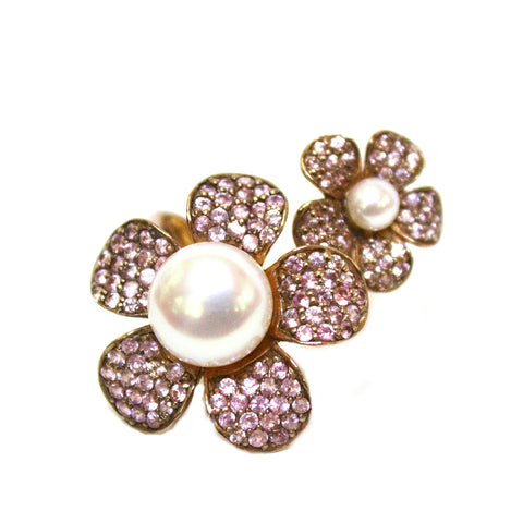 Van Cleef Inspired Pearl & Pink Sapphire Flower Ring