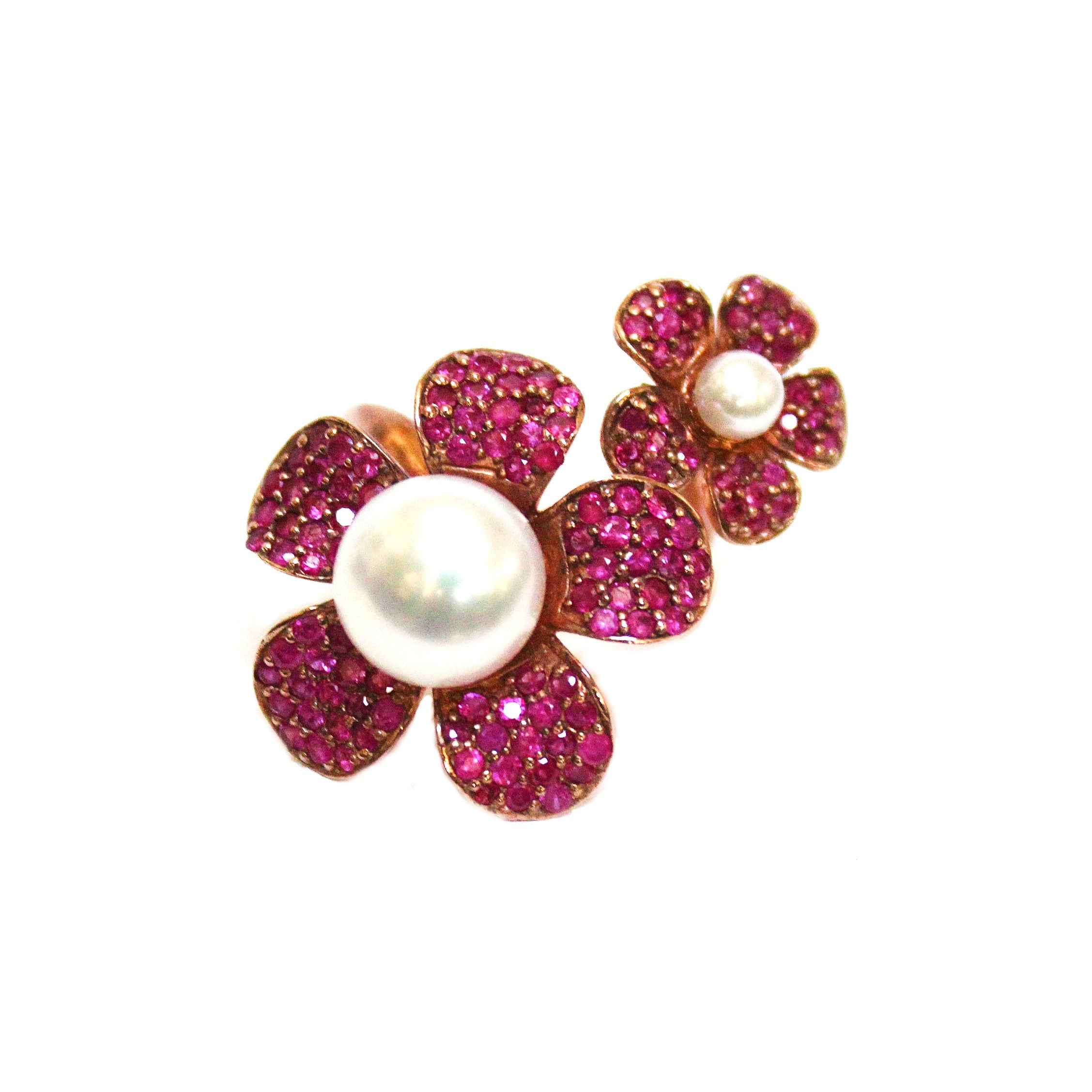 Van Cleef Inspired Pearl & Ruby Flower Ring