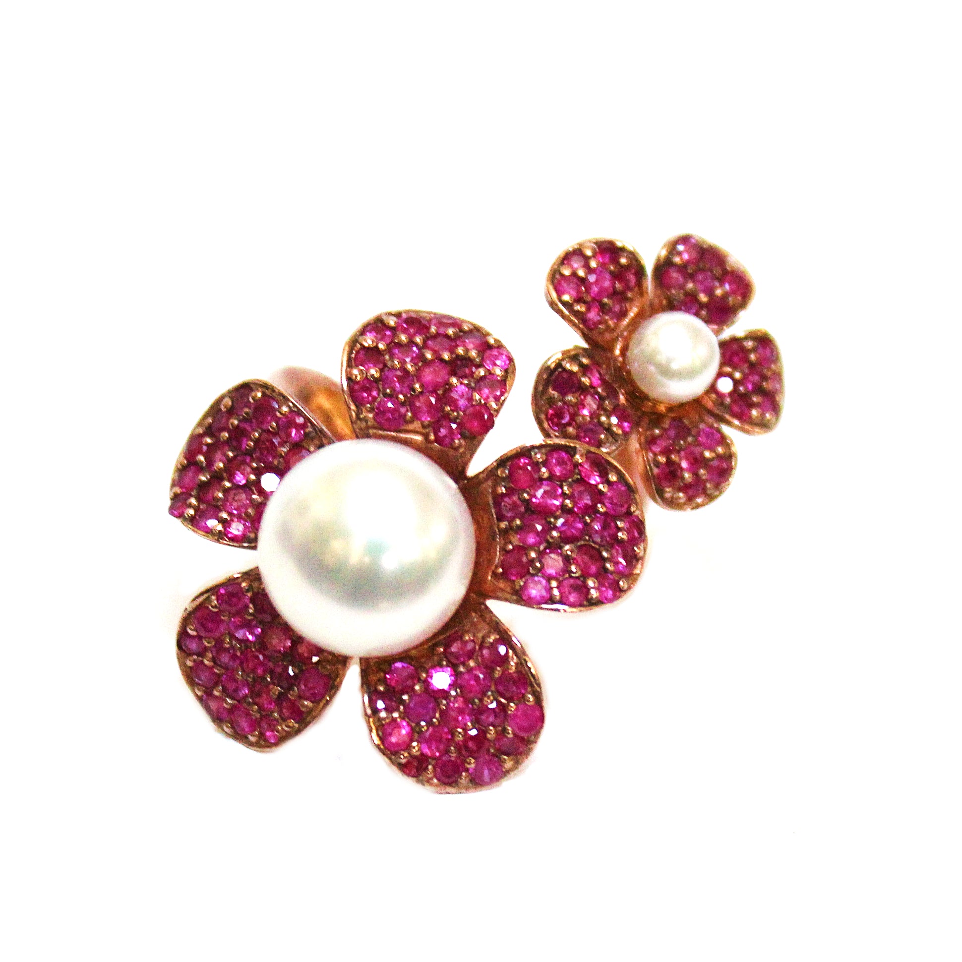 Van Cleef Inspired Pearl & Ruby Flower Ring