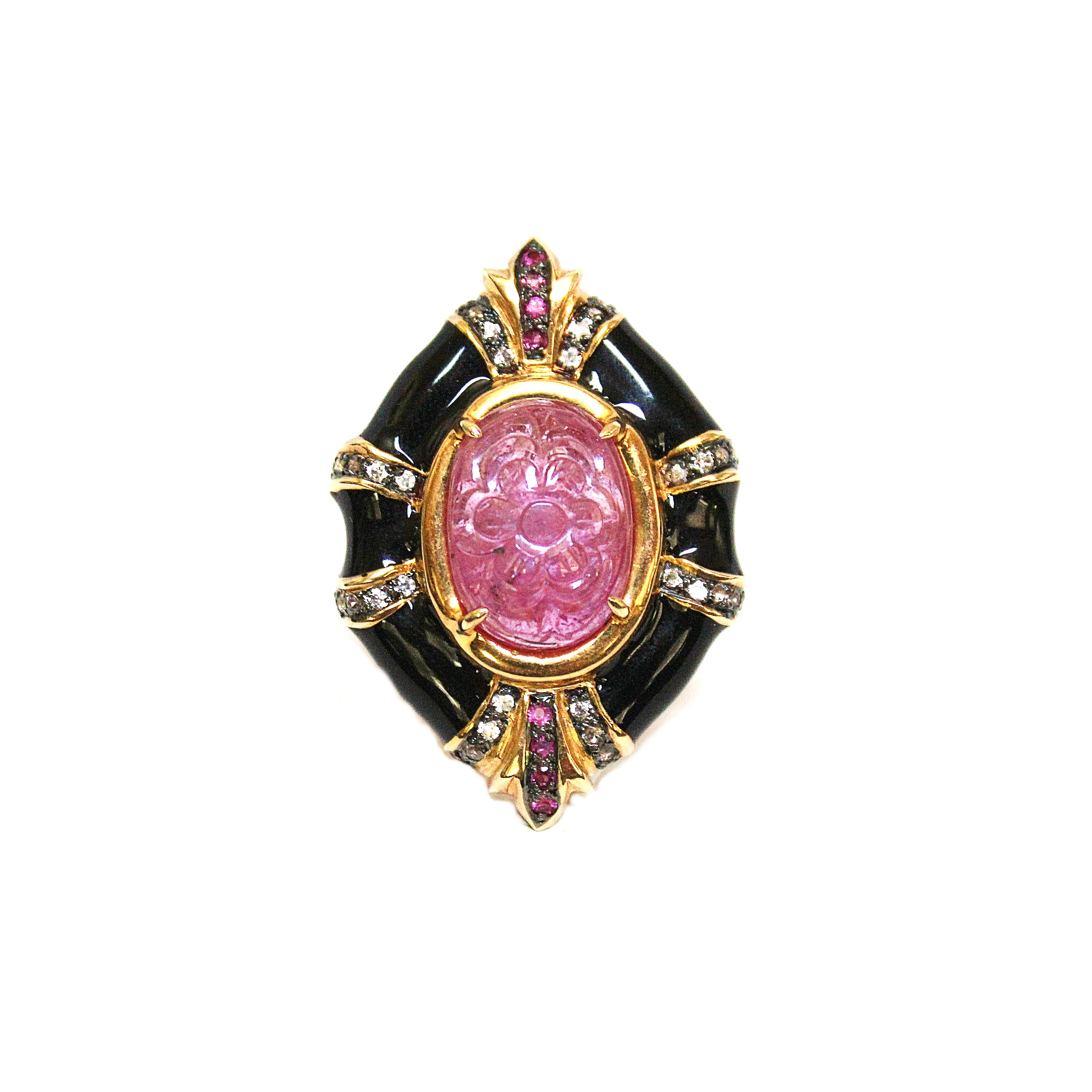 David Webb Inspired Carved Ruby Onyx & White Topaz Ring