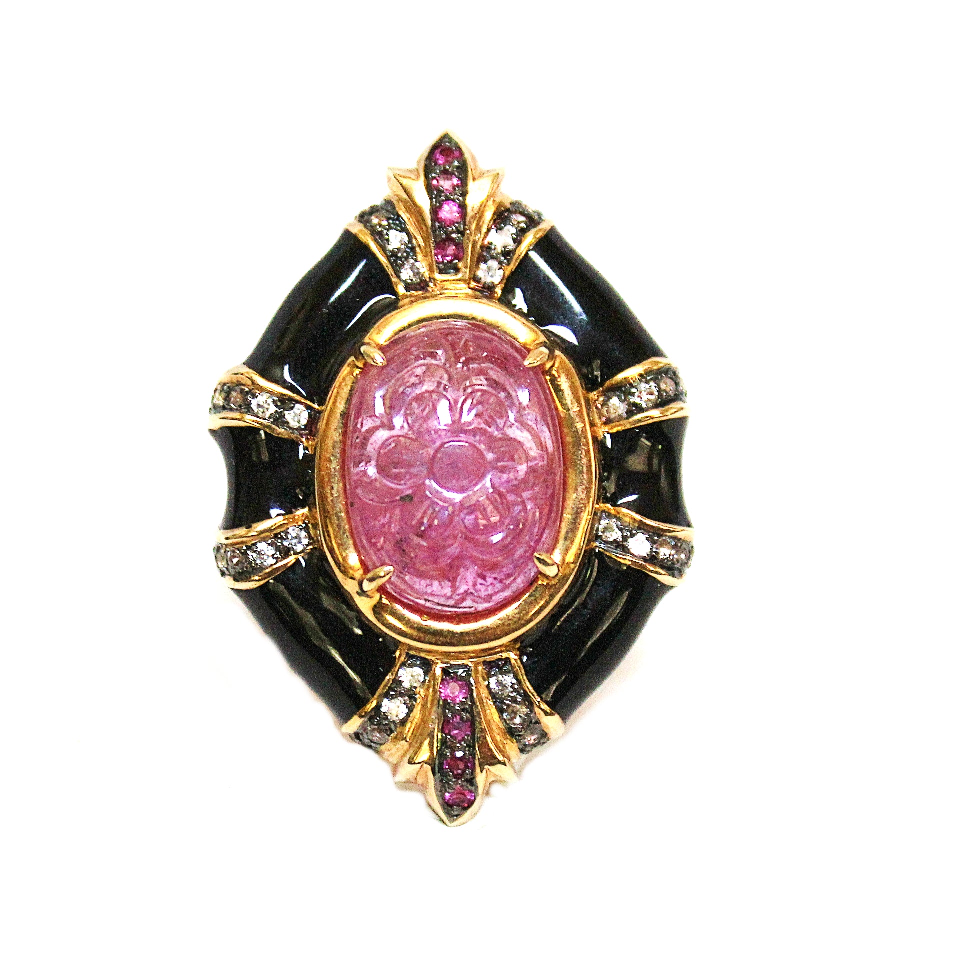 David Webb Inspired Carved Ruby Onyx & White Topaz Ring