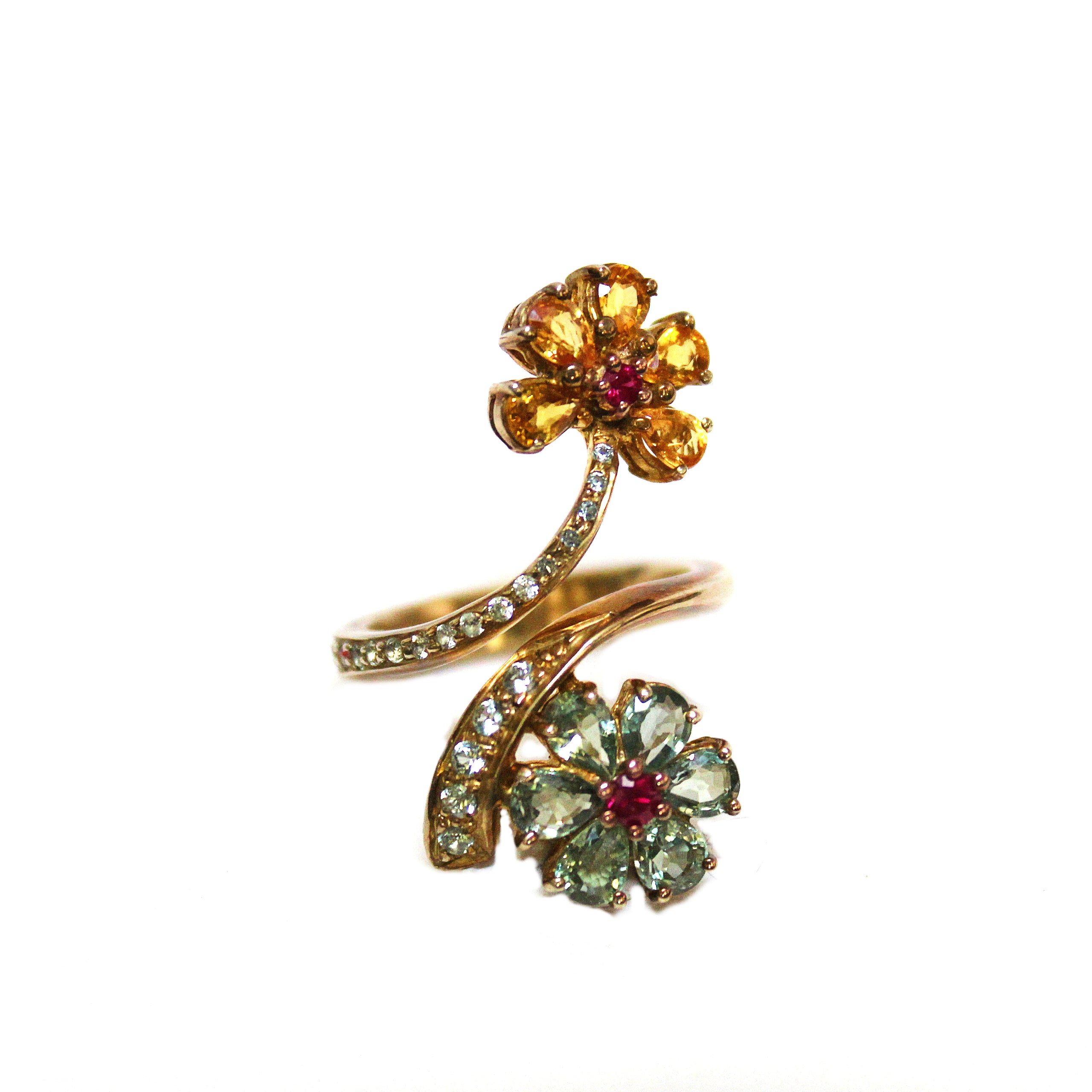 Whimsical Golden Sapphire, Green Sapphire & Ruby Flower Ring