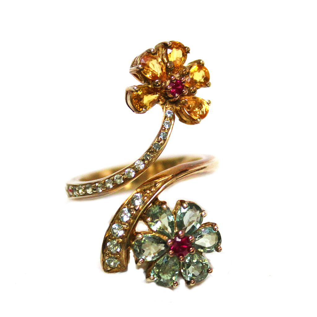 Whimsical Golden Sapphire, Green Sapphire & Ruby Flower Ring
