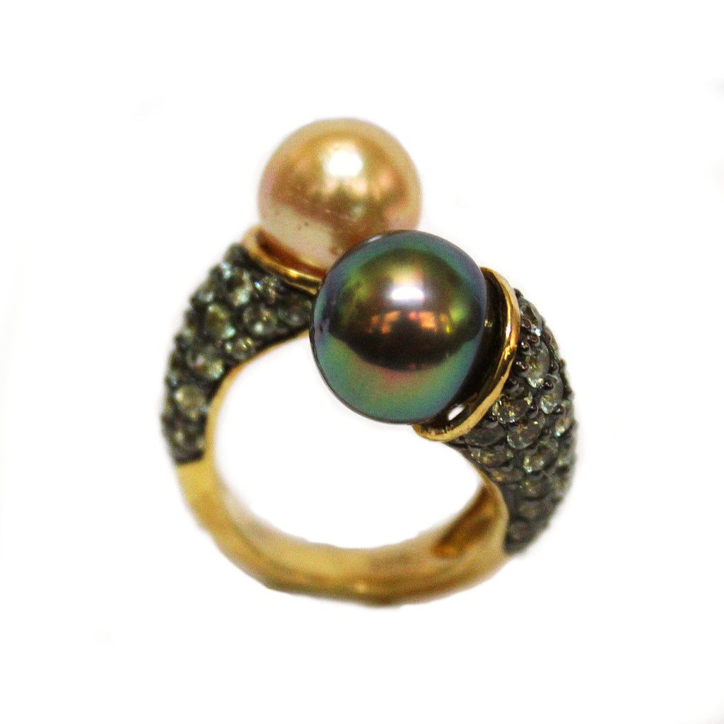 Stunning Green Sapphire Golden Pearl & Grey Pearl Twist Ring