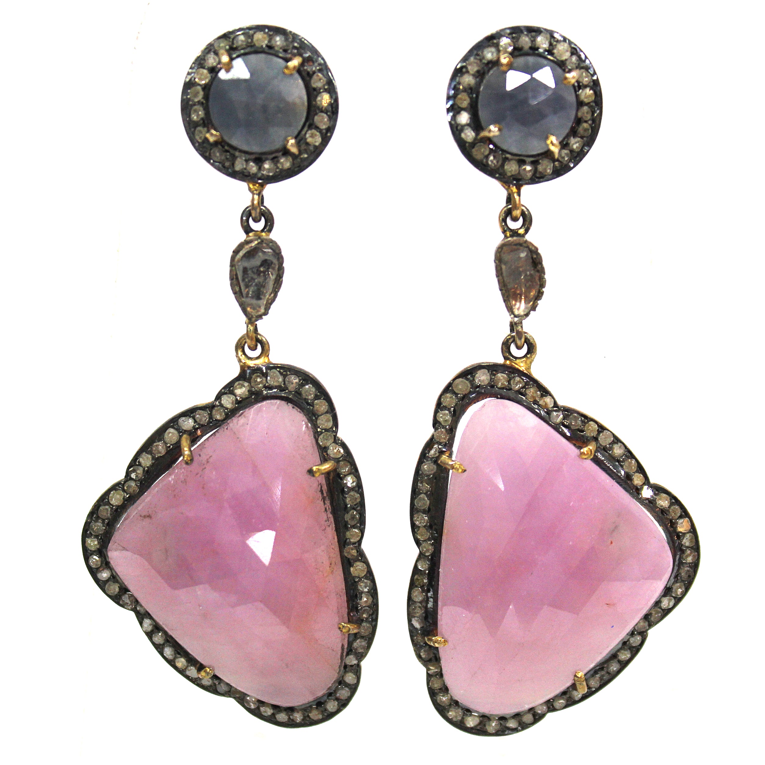 Victorian Inspired Pink & Blue Sapphire Diamond Earrings