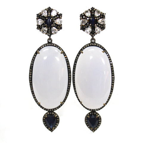 Stunning Victorian Inspired Chalcedony, Sapphire, White Topaz & Diamond Earrings