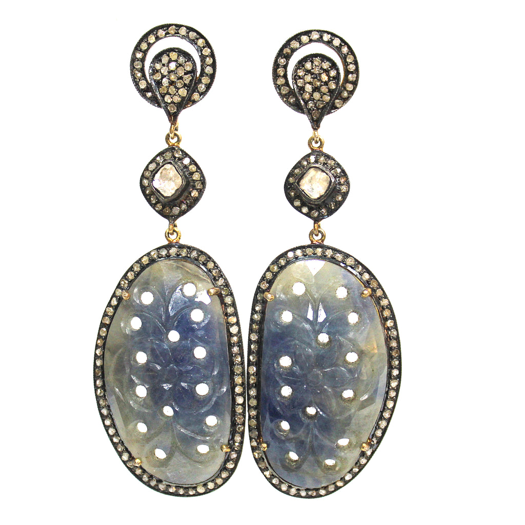 Victorian Style Inspired Carved Sapphire & Diamond Earring