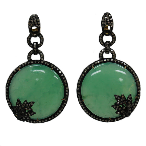 Lovely Art Deco Inspired Natural Green Onyx & Diamond Earrings