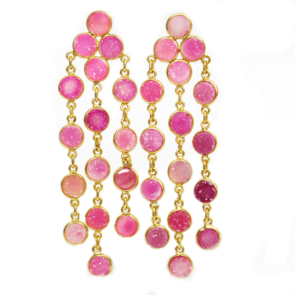 Natural Pink Quartz Druzy Chandelier Earrings
