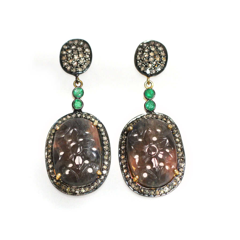 Carved Orange Sapphire, Emerald & Diamond Earrings
