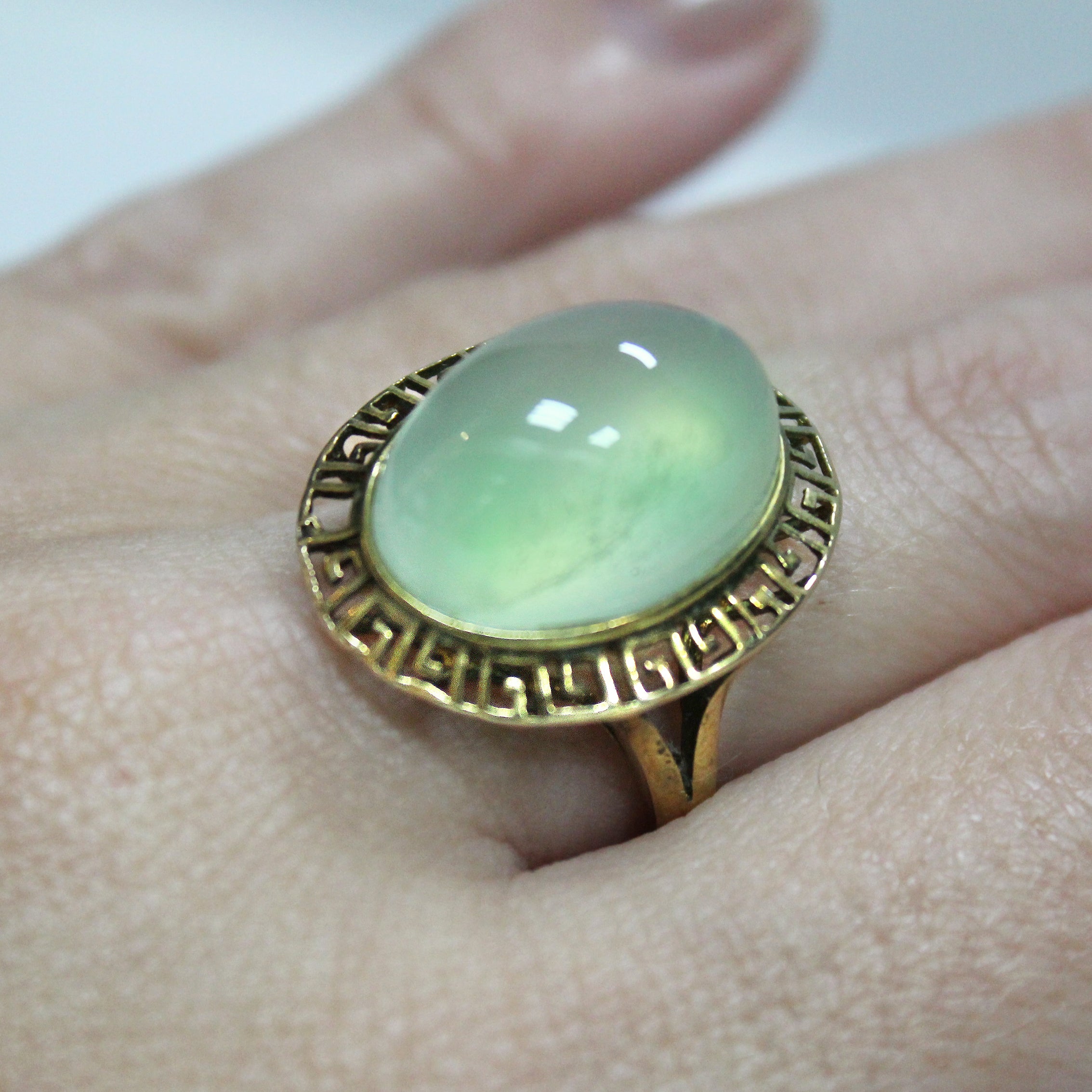 Contemporary Greek Key Design Prehnite Ring