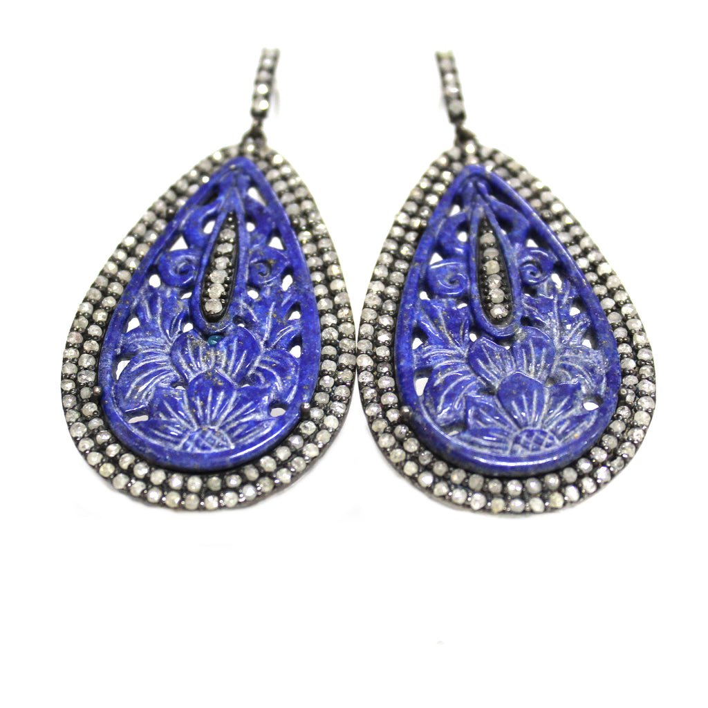 Victorian Inspired Carved Lapis Lazuli  & Diamond Earrings