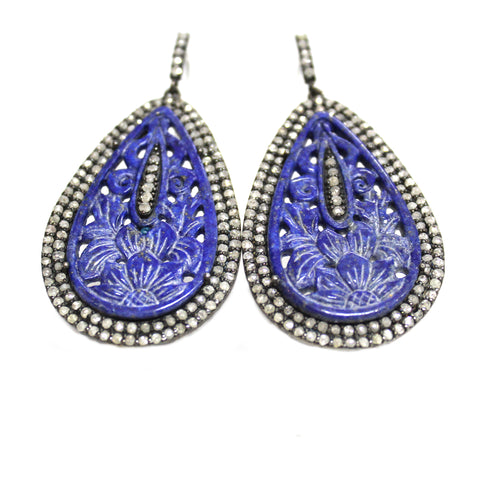 Victorian Inspired Carved Lapis Lazuli  & Diamond Earrings