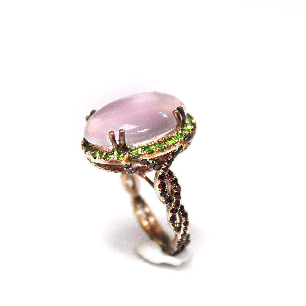 Stunning Rose Quartz, Tsavorite & Garnet Ring