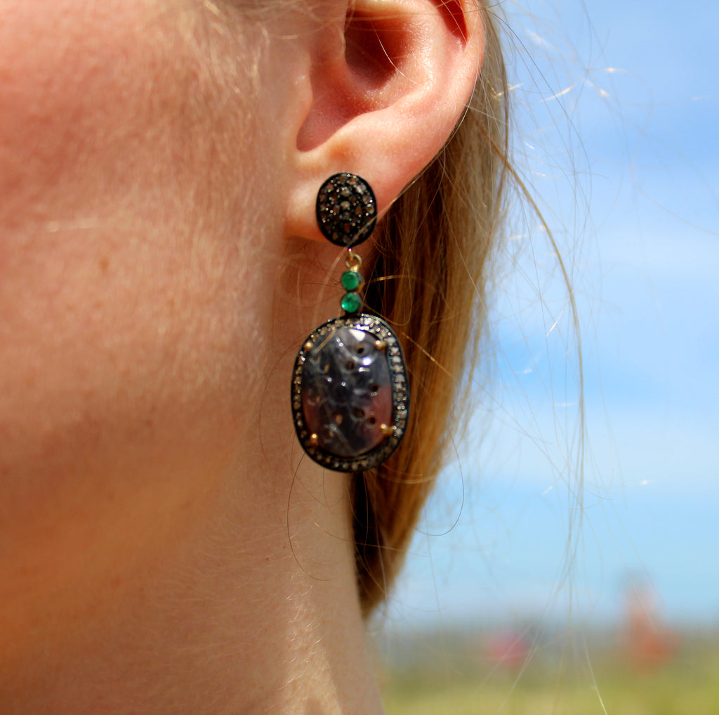 Carved Orange Sapphire, Emerald & Diamond Earrings